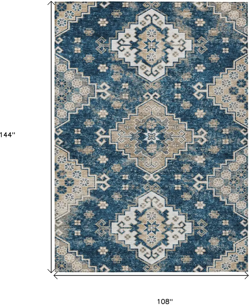 Navy Blue Beige And Ivory Medallion Washable Indoor Outdoor Area Rug Photo 3
