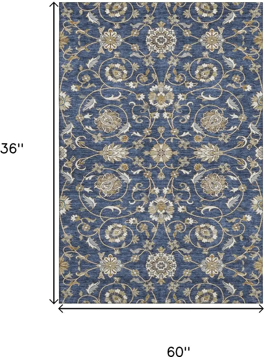 Navy Blue Beige And Ivory Moroccan Washable Area Rug With UV Protection Photo 3