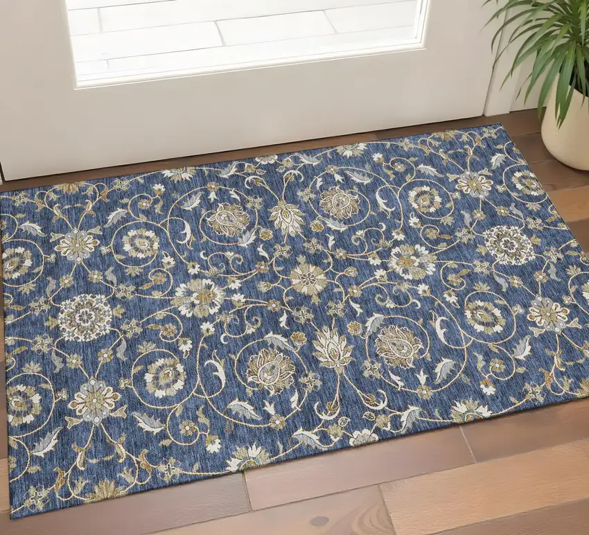 Navy Blue Beige And Ivory Moroccan Washable Area Rug With UV Protection Photo 1