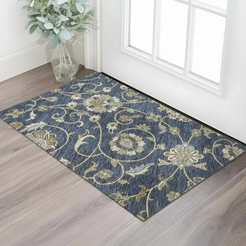 Navy Blue Beige And Ivory Moroccan Washable Area Rug With UV Protection Photo 2