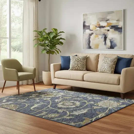 Navy Blue Beige And Ivory Moroccan Washable Area Rug With UV Protection Photo 2