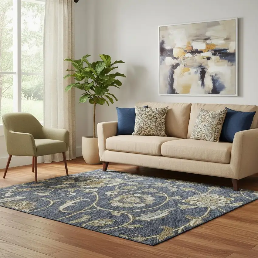 Navy Blue Beige And Ivory Moroccan Washable Area Rug With UV Protection Photo 2