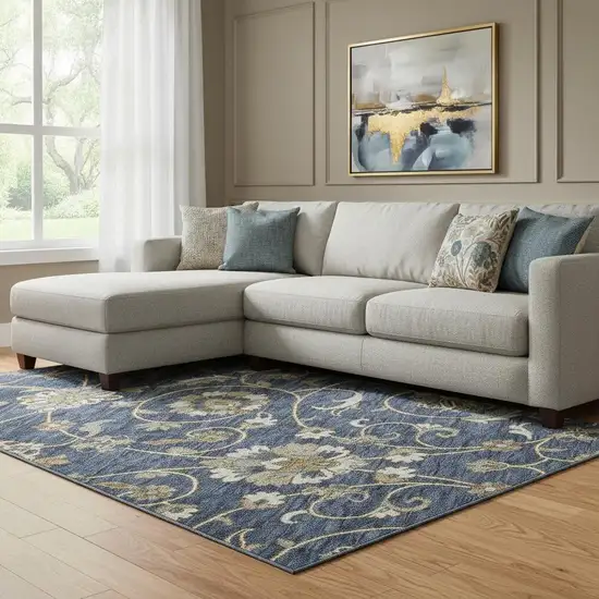 Navy Blue Beige And Ivory Moroccan Washable Area Rug With UV Protection Photo 2