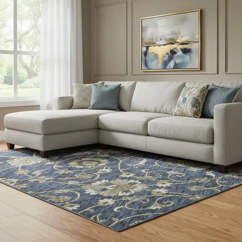 Navy Blue Beige And Ivory Moroccan Washable Area Rug With UV Protection Photo 2