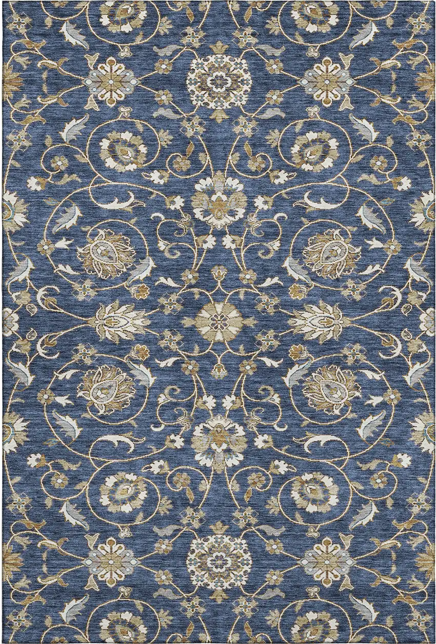 Navy Blue Beige And Ivory Moroccan Washable Area Rug With UV Protection Photo 6