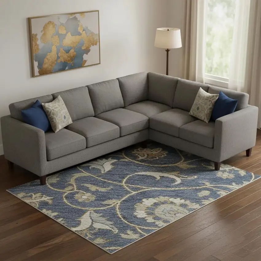 Navy Blue Beige And Ivory Moroccan Washable Area Rug With UV Protection Photo 2