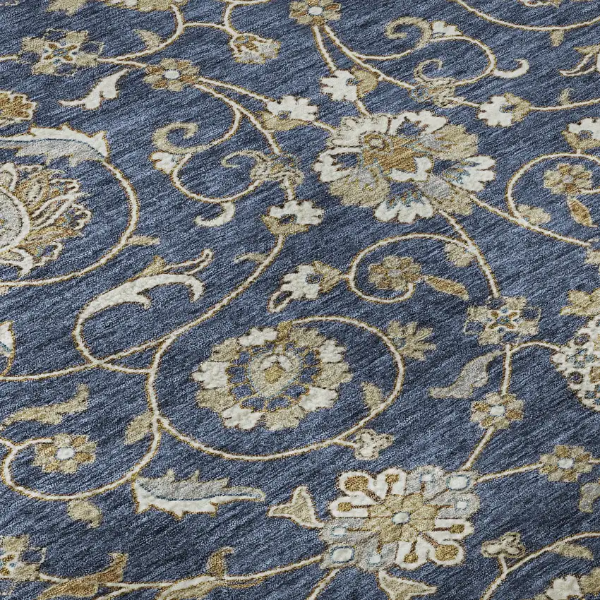 Navy Blue Beige And Ivory Moroccan Washable Area Rug With UV Protection Photo 1