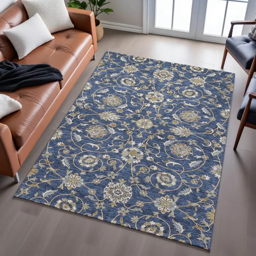 Navy Blue Beige And Ivory Moroccan Washable Area Rug With UV Protection Photo 6