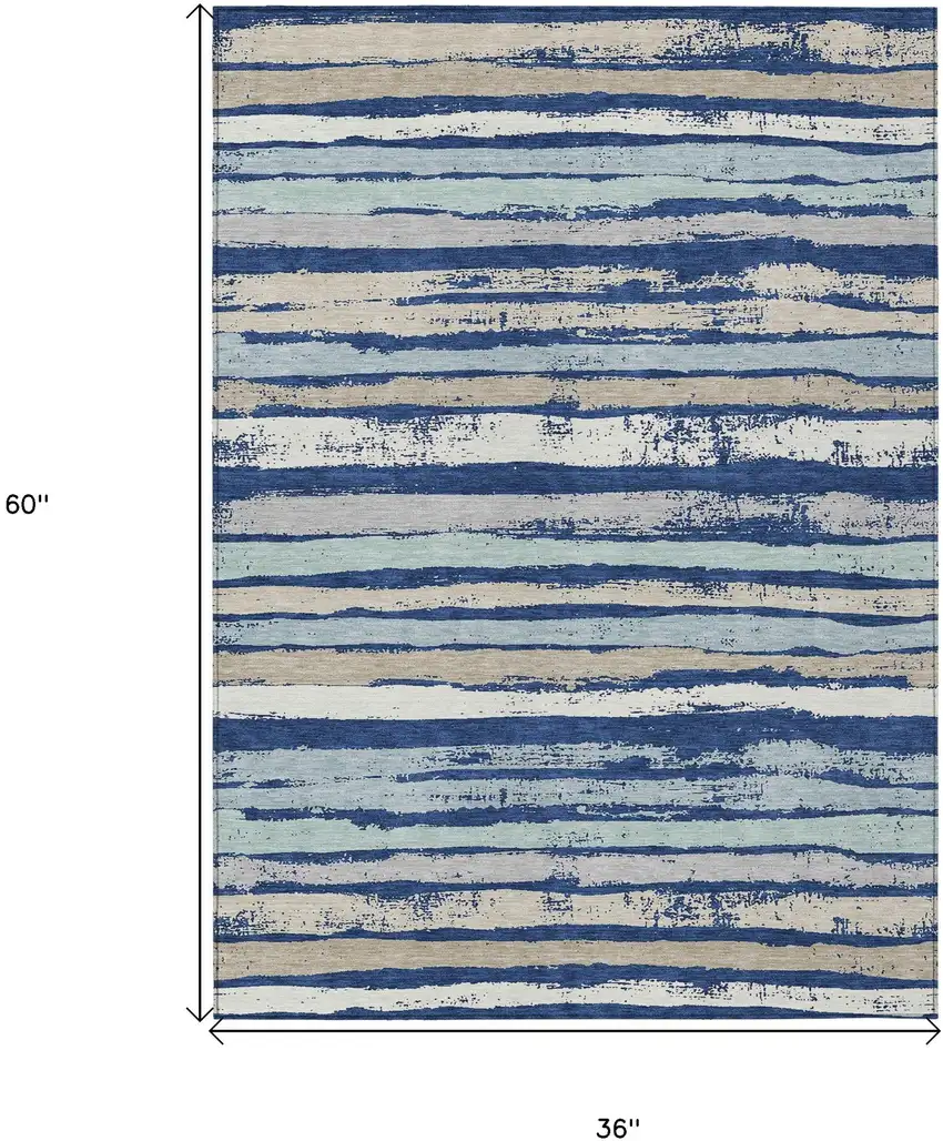 Navy Blue Beige And Ivory Striped Washable Indoor Outdoor Area Rug Photo 3