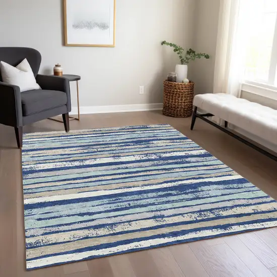 Navy Blue Beige And Ivory Striped Washable Indoor Outdoor Area Rug Photo 7