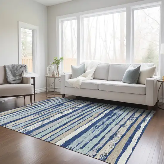 Navy Blue Beige And Ivory Striped Washable Indoor Outdoor Area Rug Photo 8