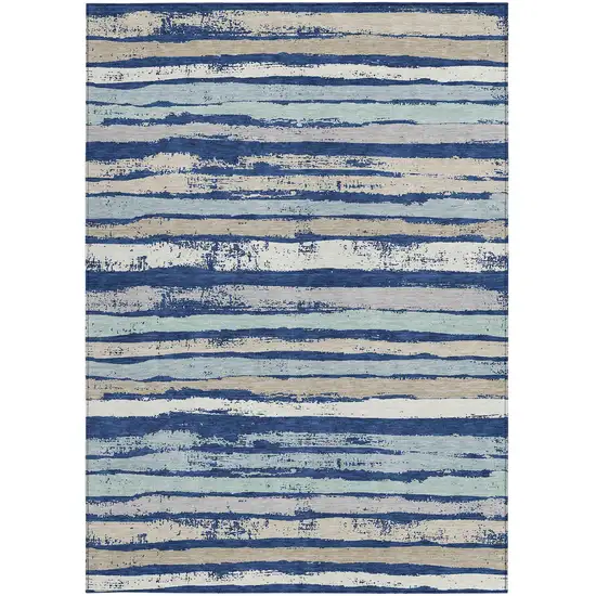 Navy Blue Beige And Ivory Striped Washable Indoor Outdoor Area Rug Photo 5