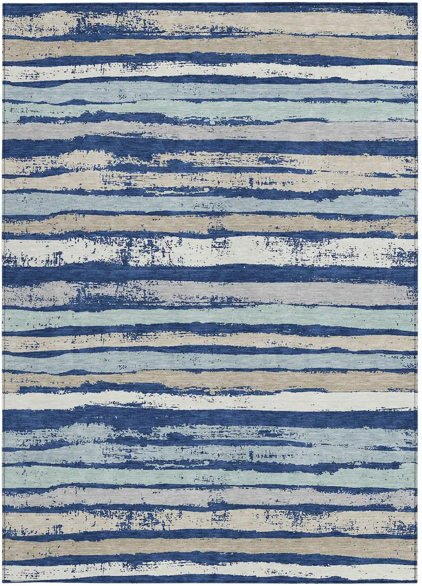 Navy Blue Beige And Ivory Striped Washable Indoor Outdoor Area Rug Photo 5