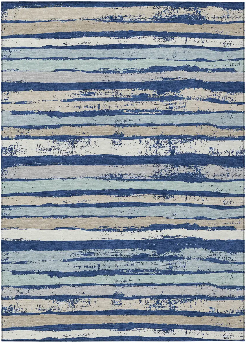 Navy Blue Beige And Ivory Striped Washable Indoor Outdoor Area Rug Photo 2