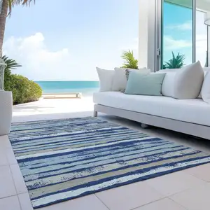 Photo of Navy Blue Beige And Ivory Striped Washable Indoor Outdoor Area Rug