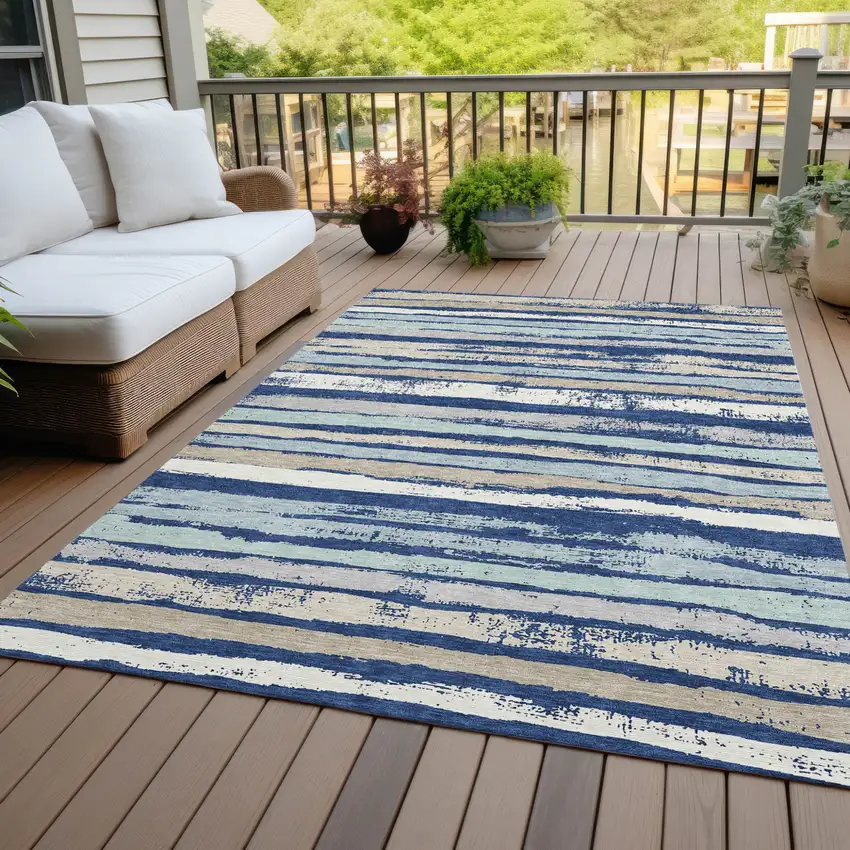 Navy Blue Beige And Ivory Striped Washable Indoor Outdoor Area Rug Photo 6