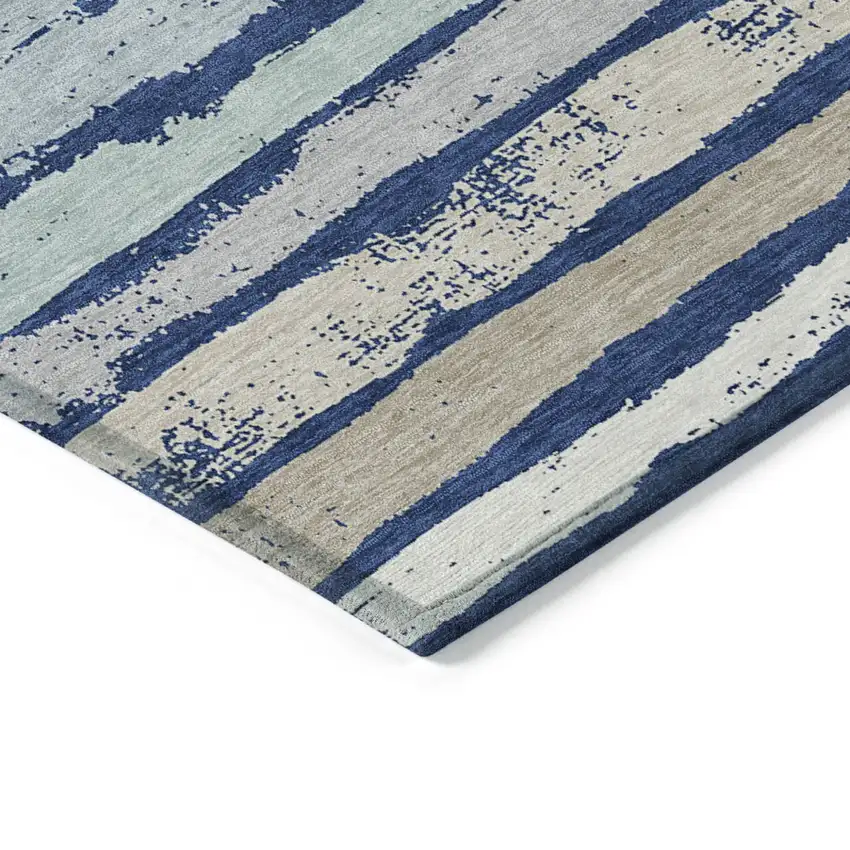 Navy Blue Beige And Ivory Striped Washable Indoor Outdoor Area Rug Photo 4