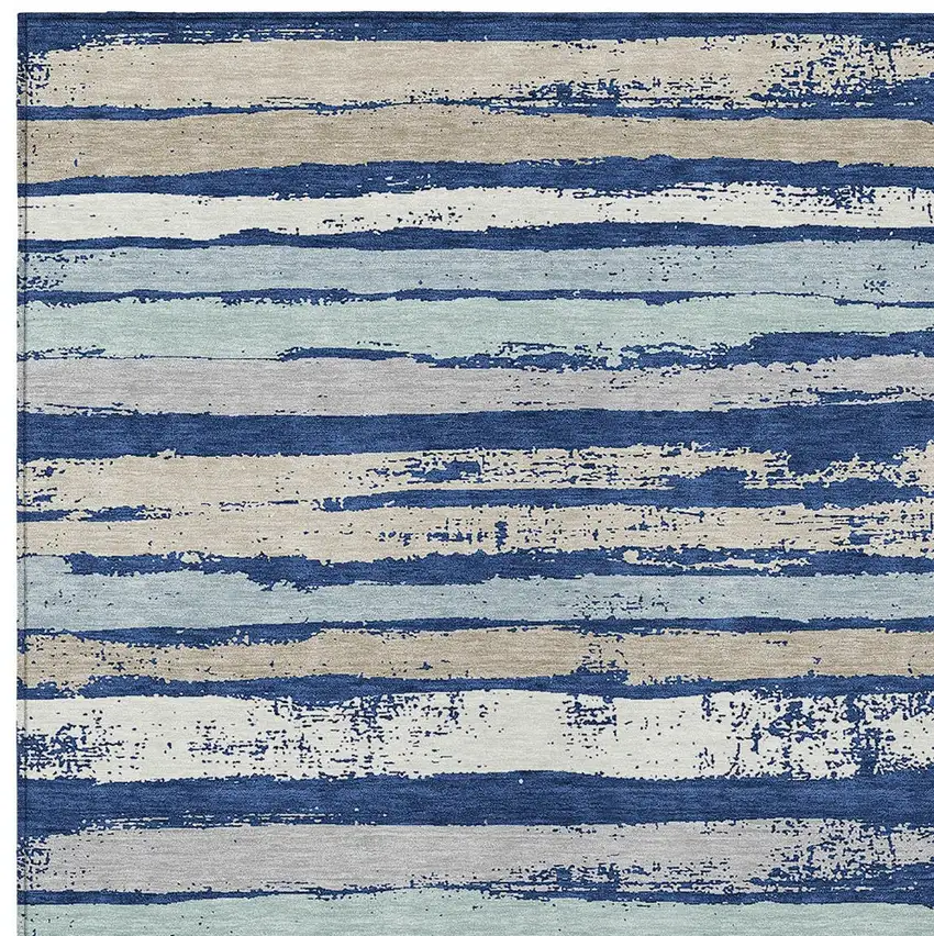 Navy Blue Beige And Ivory Striped Washable Indoor Outdoor Area Rug Photo 5
