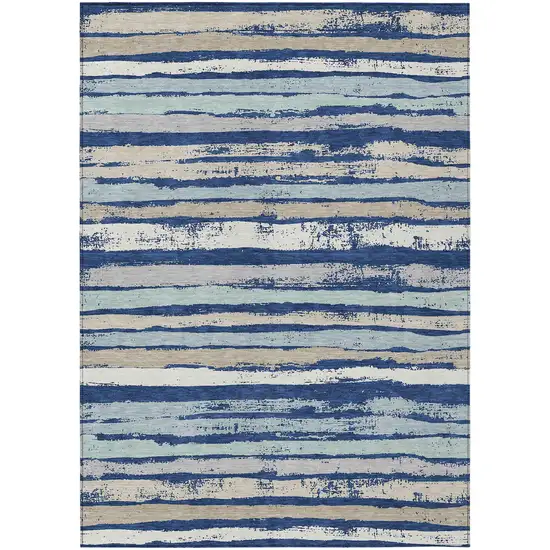 Navy Blue Beige And Ivory Striped Washable Indoor Outdoor Area Rug Photo 2