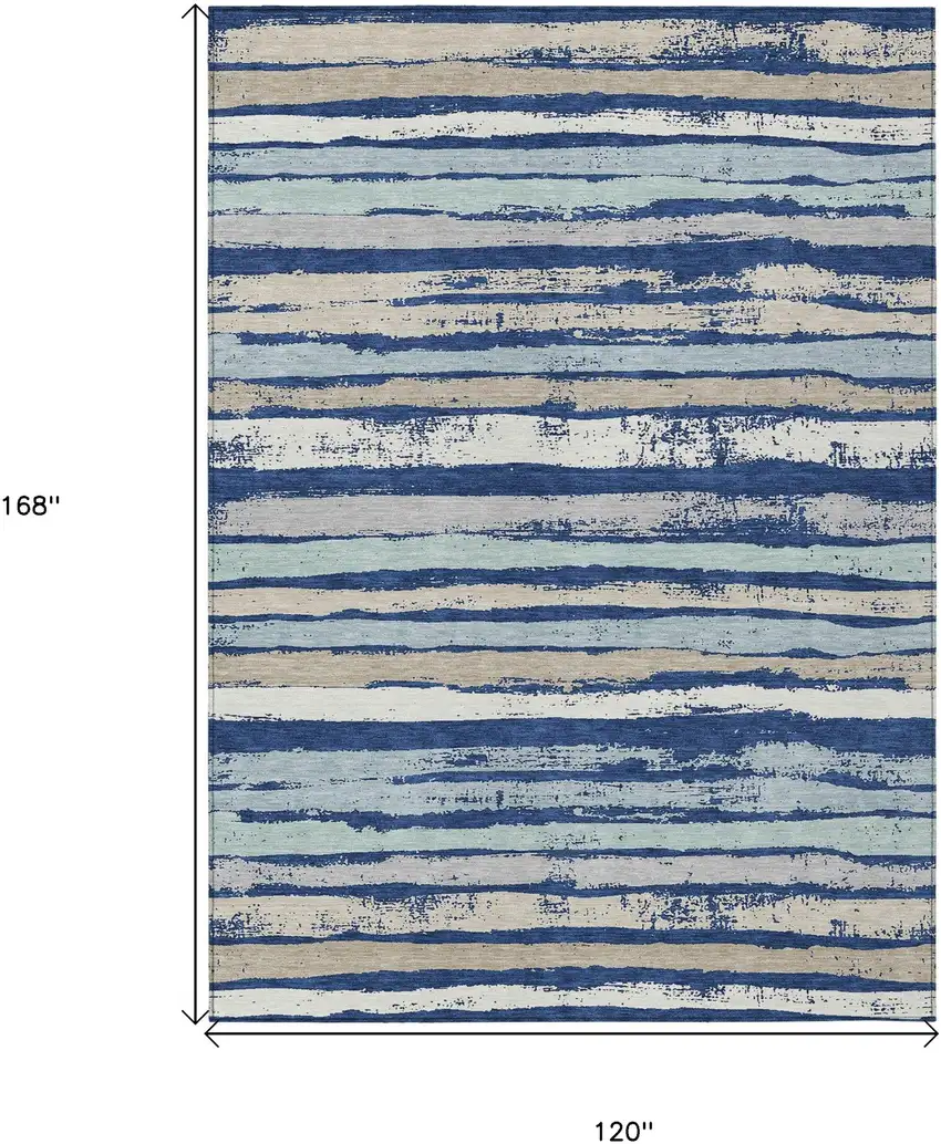Navy Blue Beige And Ivory Striped Washable Indoor Outdoor Area Rug Photo 3