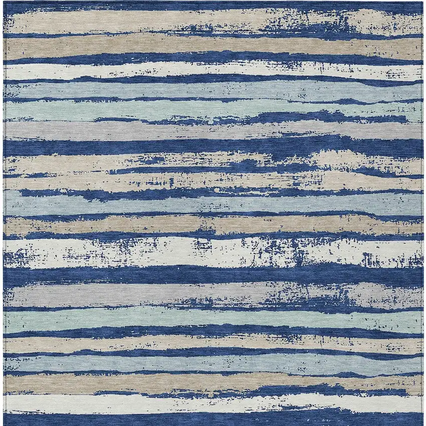Navy Blue Beige And Ivory Striped Washable Indoor Outdoor Area Rug Photo 6