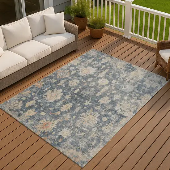 Navy Blue Beige And Rust Floral Washable Indoor Outdoor Area Rug Photo 2