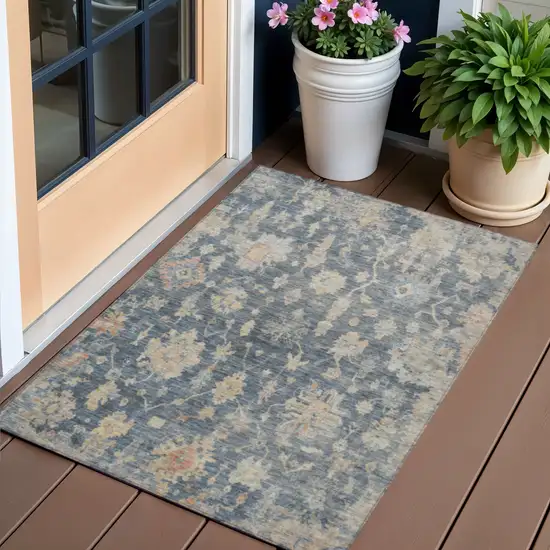 Navy Blue Beige And Rust Floral Washable Indoor Outdoor Area Rug Photo 1