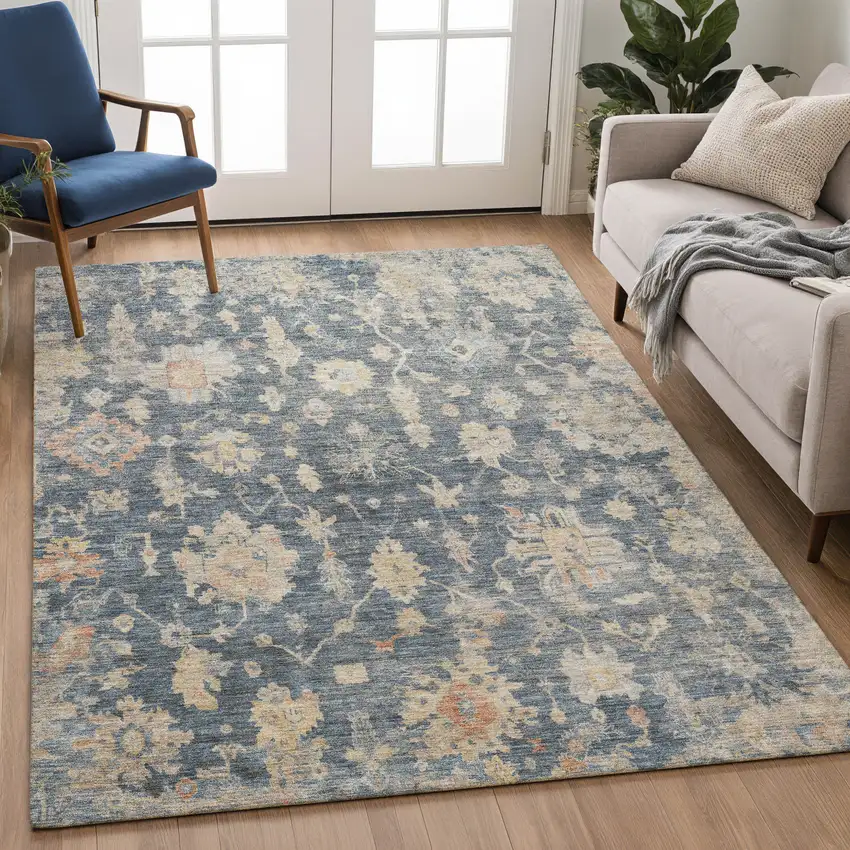 Navy Blue Beige And Rust Floral Washable Indoor Outdoor Area Rug Photo 3