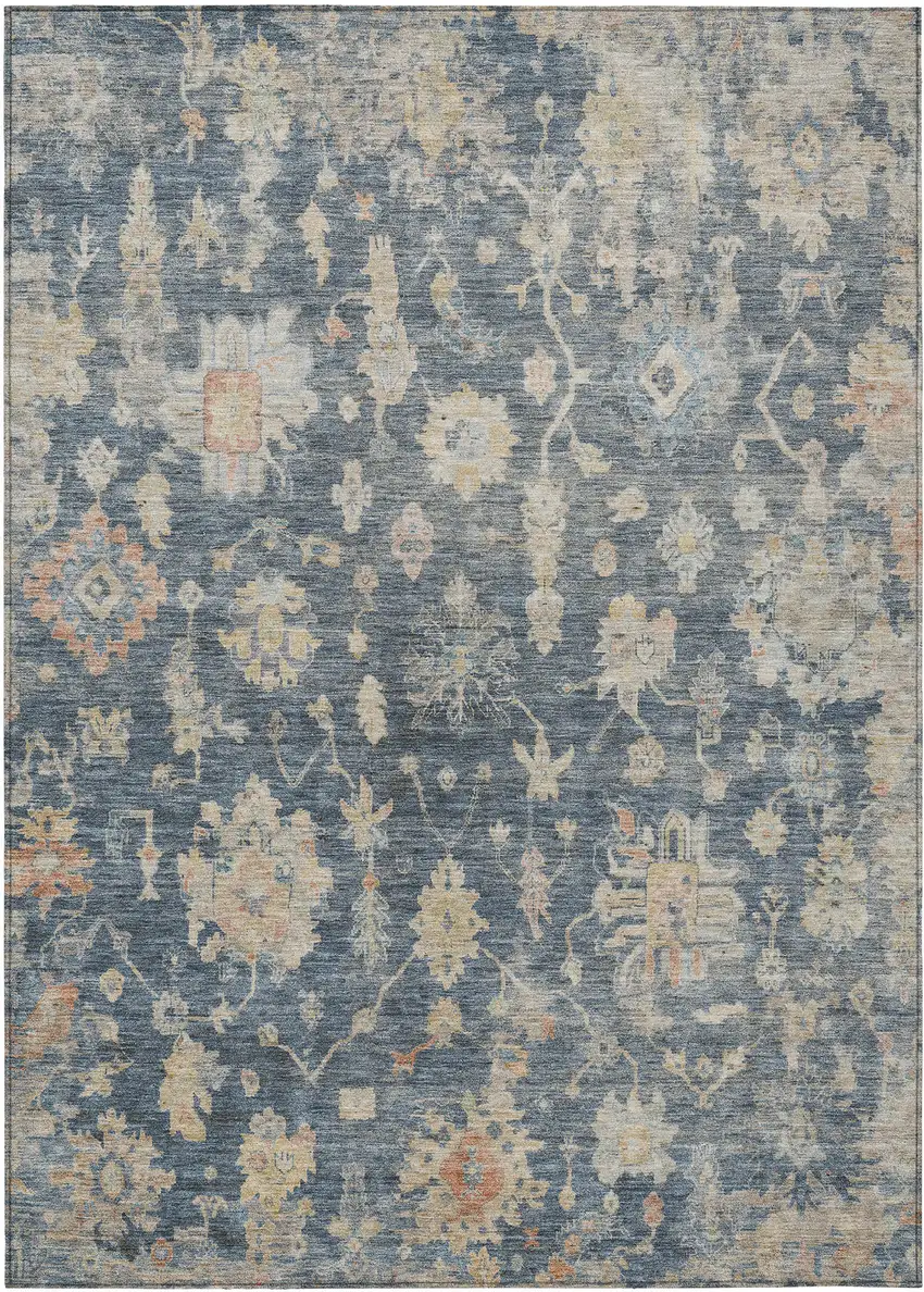 Navy Blue Beige And Rust Floral Washable Indoor Outdoor Area Rug Photo 7