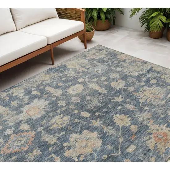Navy Blue Beige And Rust Floral Washable Indoor Outdoor Area Rug Photo 1