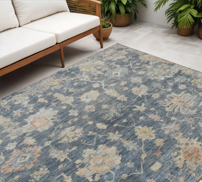 Navy Blue Beige And Rust Floral Washable Indoor Outdoor Area Rug Photo 1