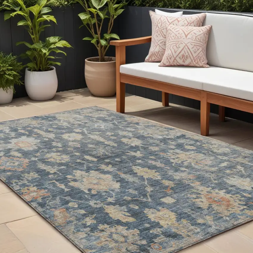 Navy Blue Beige And Rust Floral Washable Indoor Outdoor Area Rug Photo 1