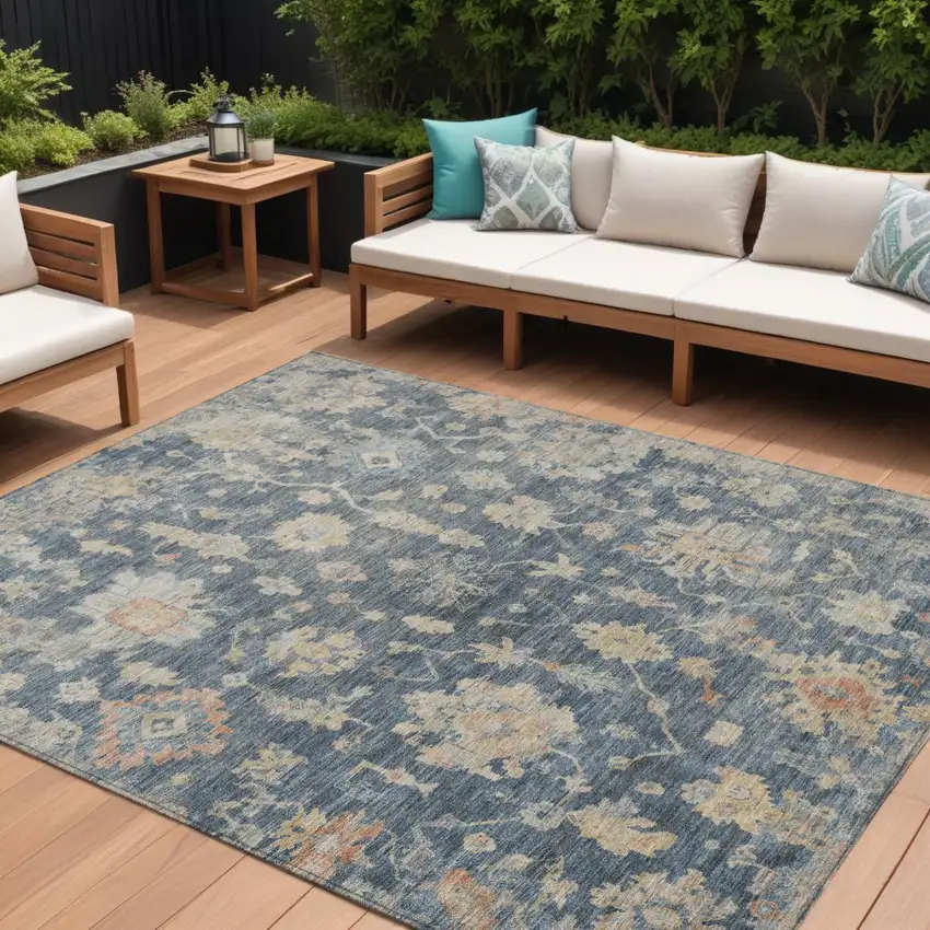Navy Blue Beige And Rust Floral Washable Indoor Outdoor Area Rug Photo 1