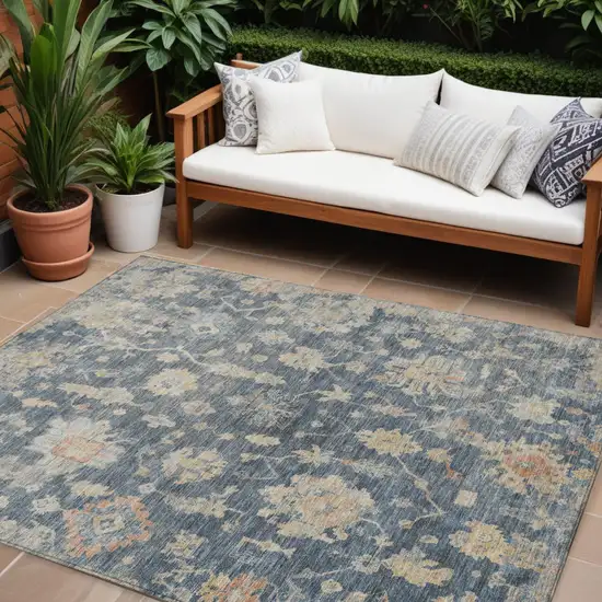 Navy Blue Beige And Rust Floral Washable Indoor Outdoor Area Rug Photo 1