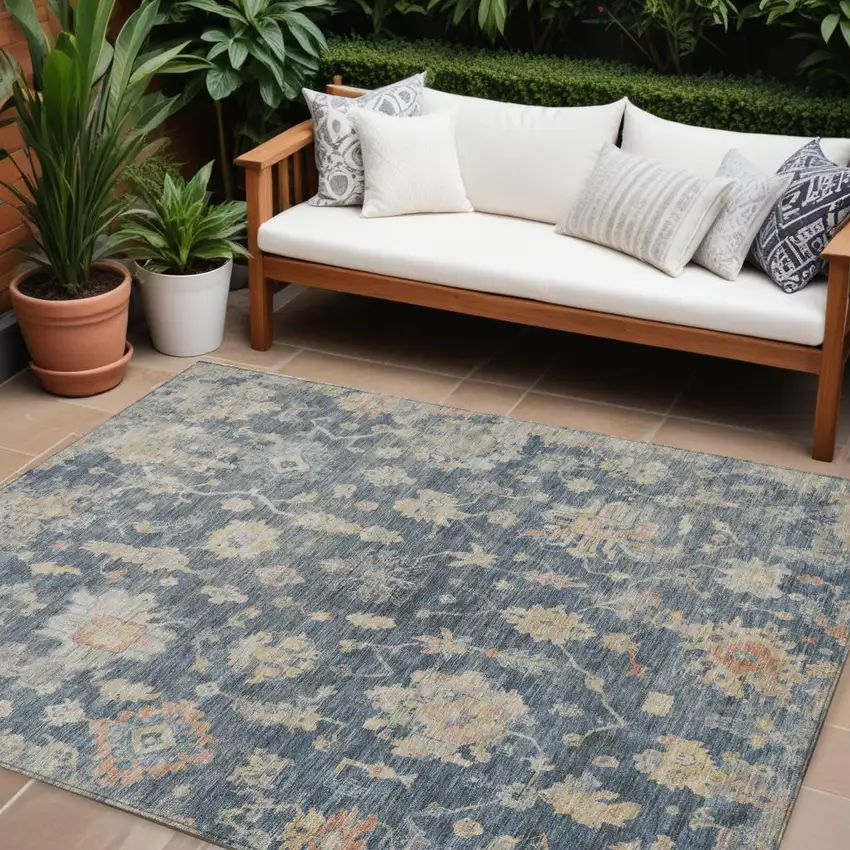 Navy Blue Beige And Rust Floral Washable Indoor Outdoor Area Rug Photo 1