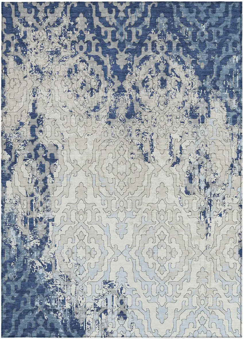 Navy Blue Beige And Sky Blue Medallion Washable Indoor Outdoor Area Rug Photo 5