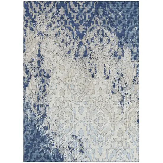 Navy Blue Beige And Sky Blue Medallion Washable Indoor Outdoor Area Rug Photo 5