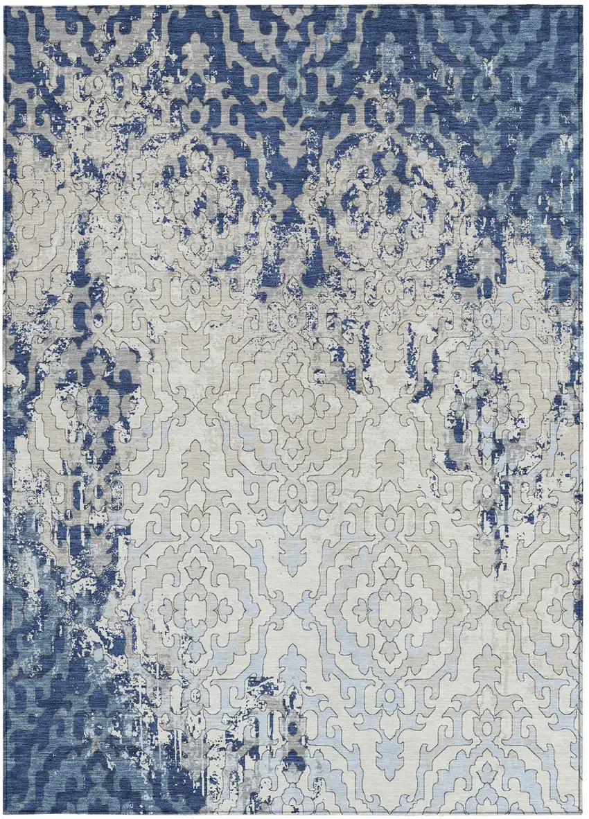 Navy Blue Beige And Sky Blue Medallion Washable Indoor Outdoor Area Rug Photo 5