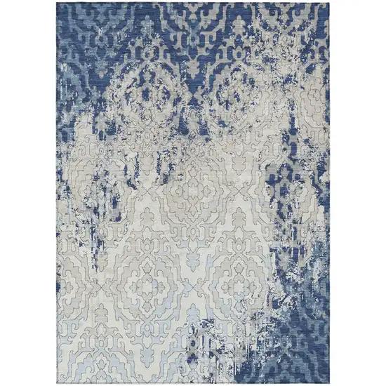 Navy Blue Beige And Sky Blue Medallion Washable Indoor Outdoor Area Rug Photo 2