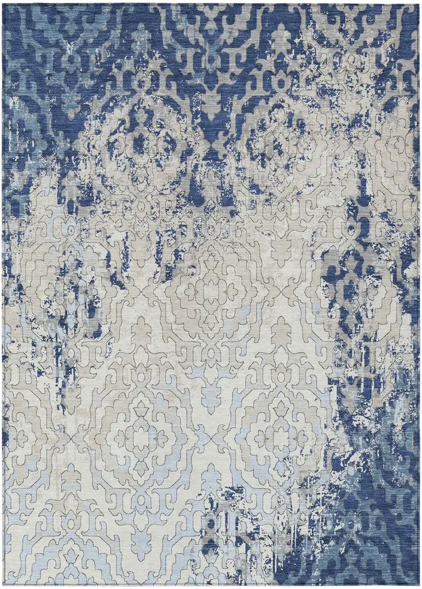 Navy Blue Beige And Sky Blue Medallion Washable Indoor Outdoor Area Rug Photo 2