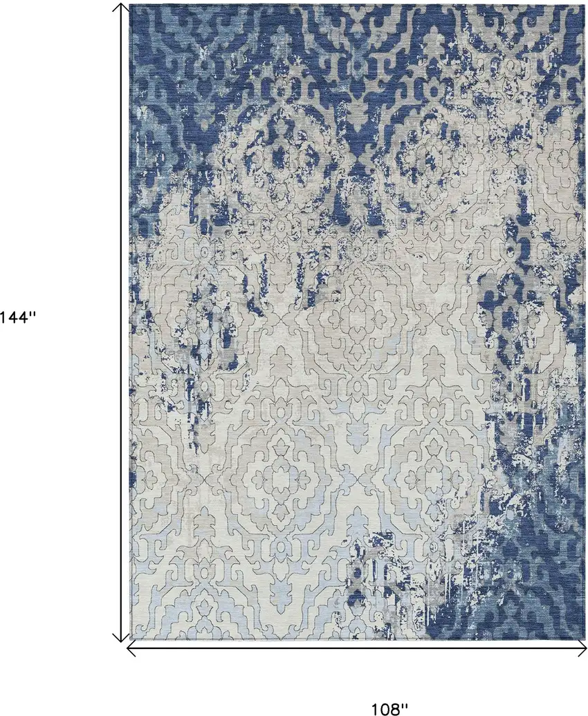 Navy Blue Beige And Sky Blue Medallion Washable Indoor Outdoor Area Rug Photo 3