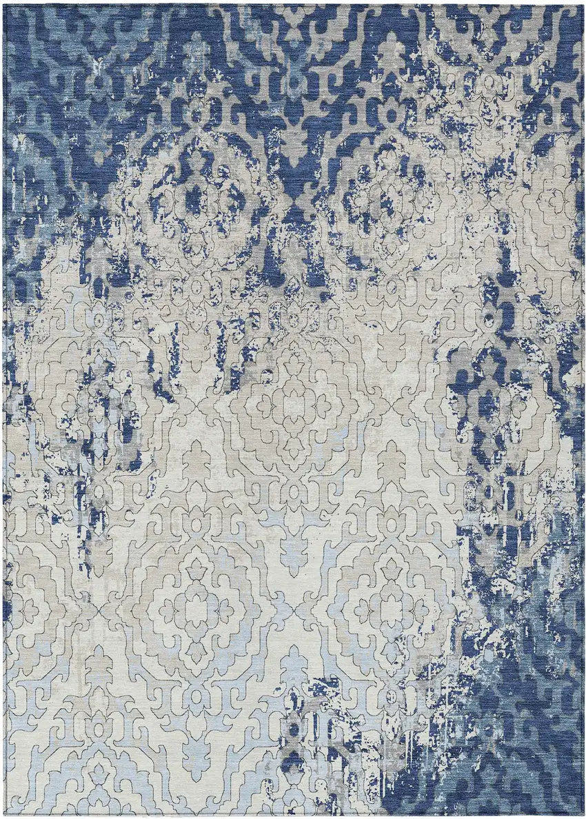 Navy Blue Beige And Sky Blue Medallion Washable Indoor Outdoor Area Rug Photo 1
