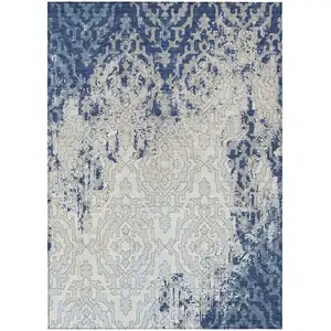 Photo of Navy Blue Beige And Sky Blue Medallion Washable Indoor Outdoor Area Rug