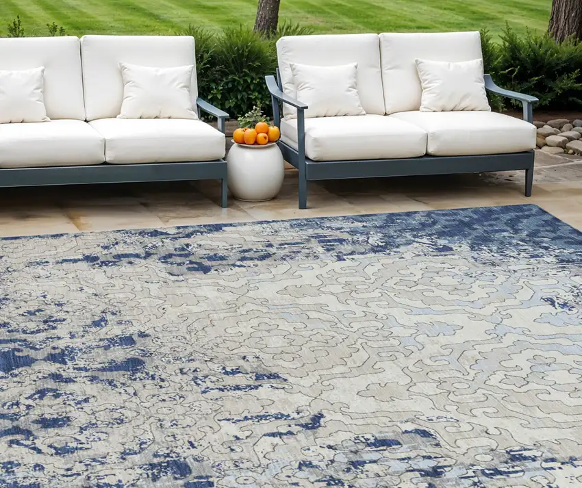 Navy Blue Beige And Sky Blue Medallion Washable Indoor Outdoor Area Rug Photo 1