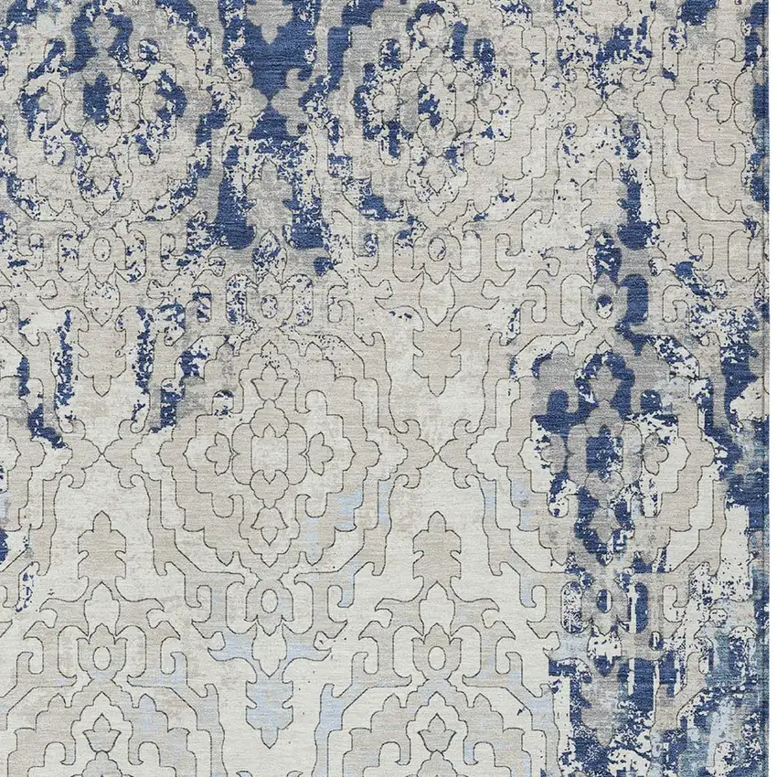 Navy Blue Beige And Sky Blue Medallion Washable Indoor Outdoor Area Rug Photo 3