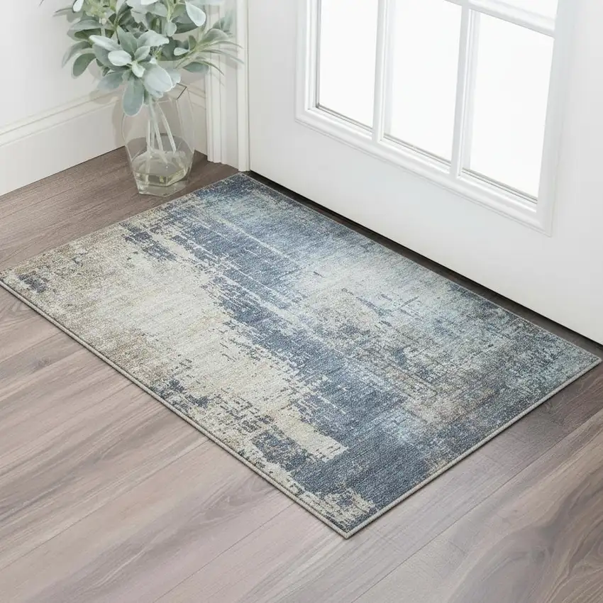 Navy Blue Beige And Taupe Abstract Washable Area Rug With UV Protection Photo 2