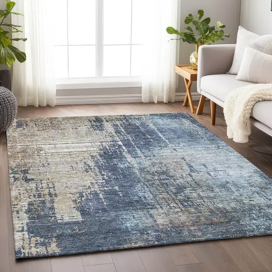 Navy Blue Beige And Taupe Abstract Washable Area Rug With UV Protection Photo 6