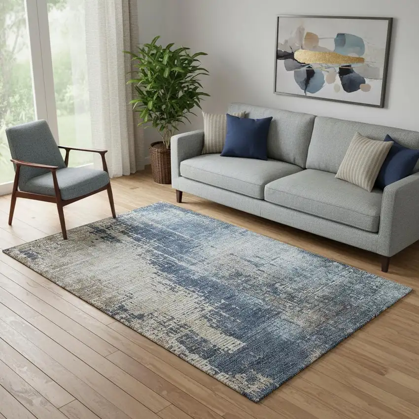 Navy Blue Beige And Taupe Abstract Washable Area Rug With UV Protection Photo 1