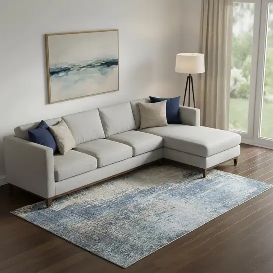 Navy Blue Beige And Taupe Abstract Washable Area Rug With UV Protection Photo 1