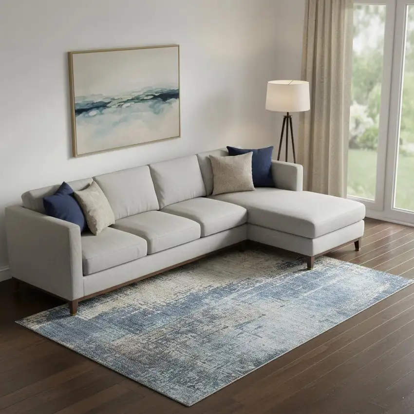 Navy Blue Beige And Taupe Abstract Washable Area Rug With UV Protection Photo 1